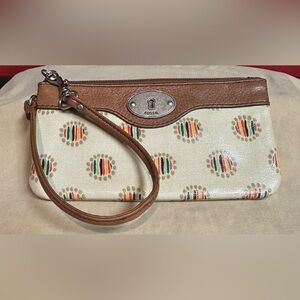 Fossil Key-per Wristlet Cream Color PVC Coated Textile Geo Design & Brwn Leather
